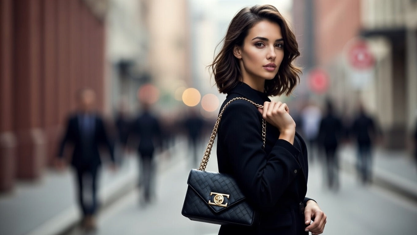 Woman holding a black handbag on a city street