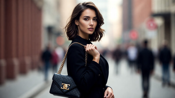 Woman holding a black handbag with gold chain in an urban setting