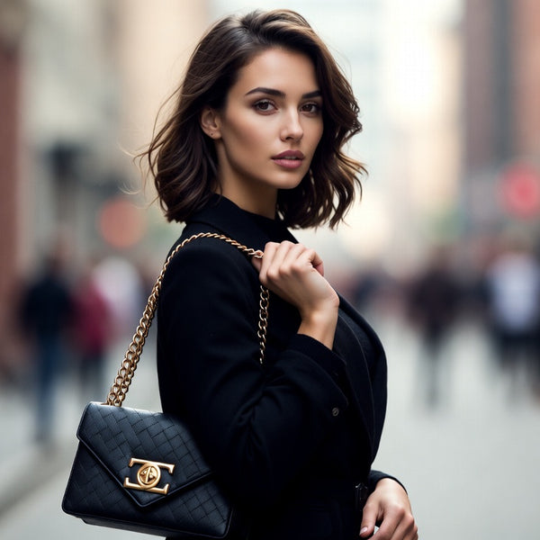 Woman holding a black handbag with gold chain in an urban setting