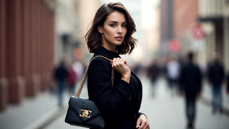 Woman holding a black handbag with gold chain in an urban setting