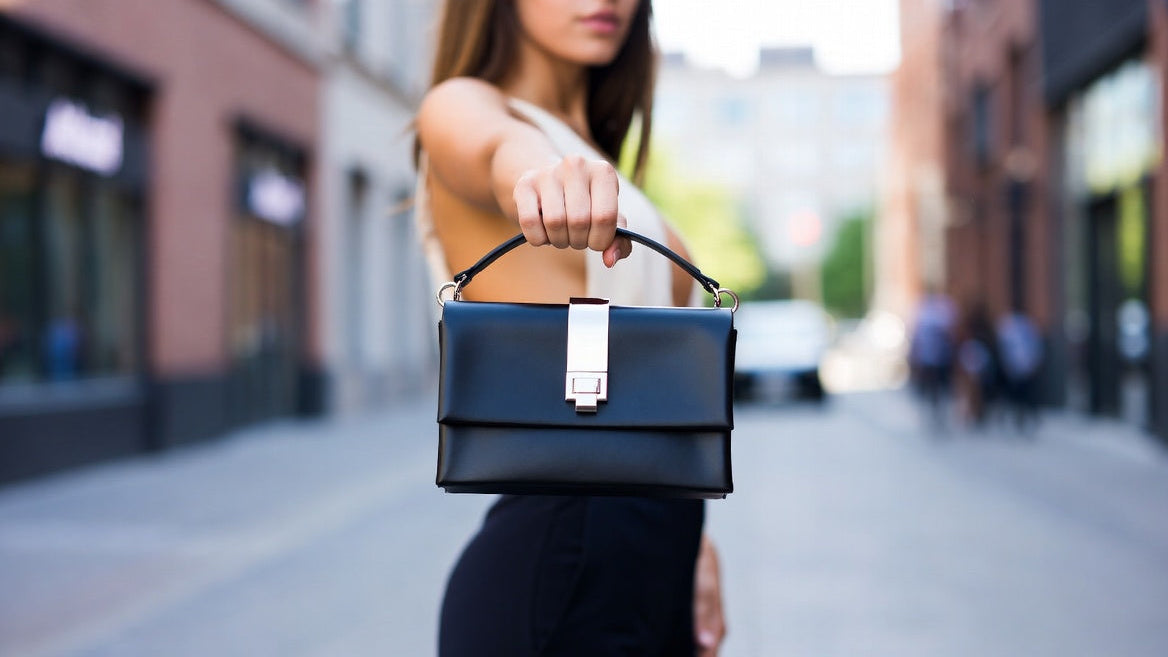 Woman holding a black handbag on a city street