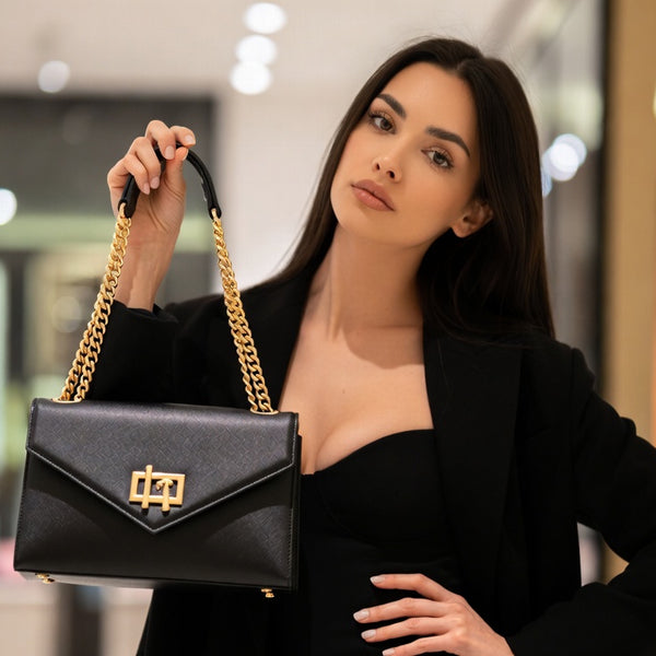 Woman holding a black handbag with gold accents in an indoor setting