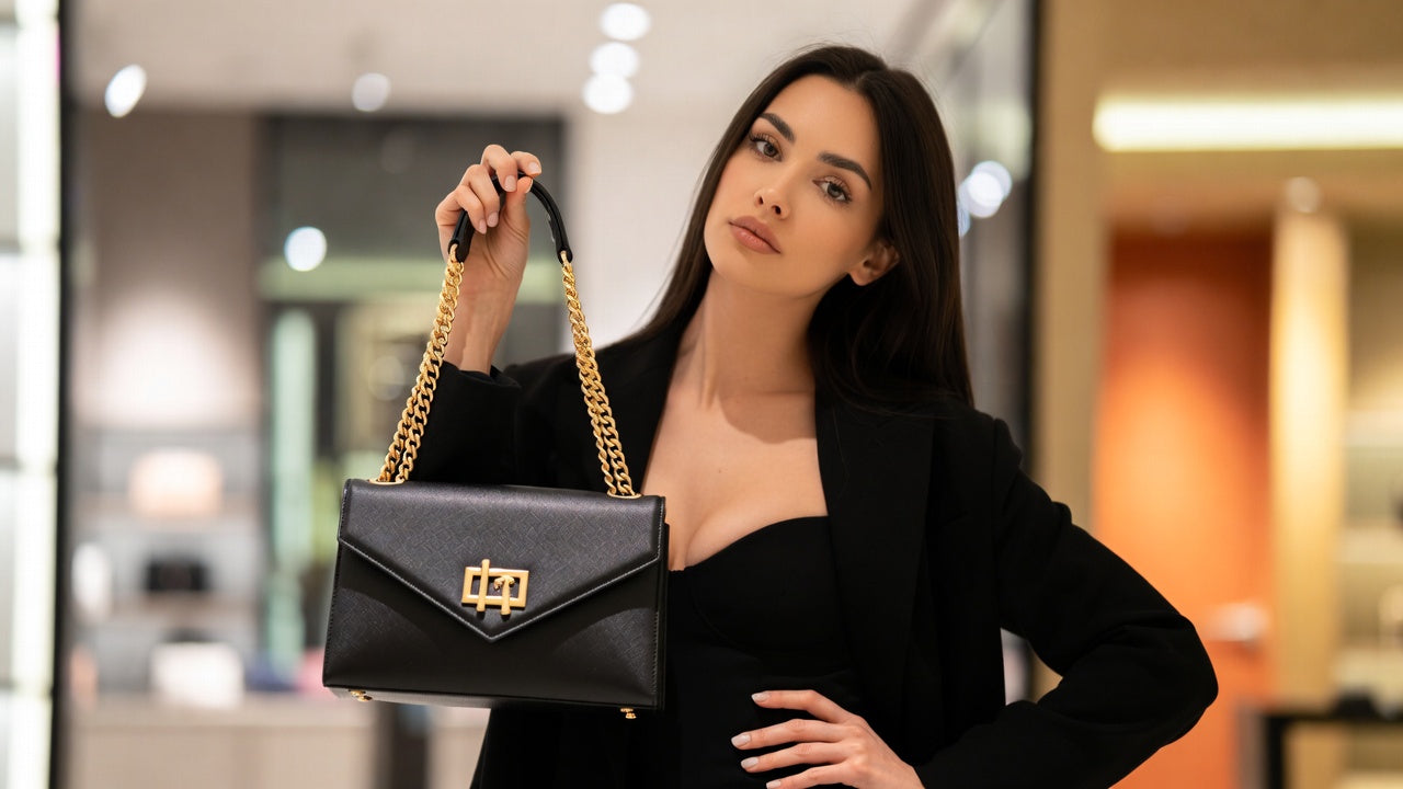 Woman holding a black handbag with gold accents in an indoor setting