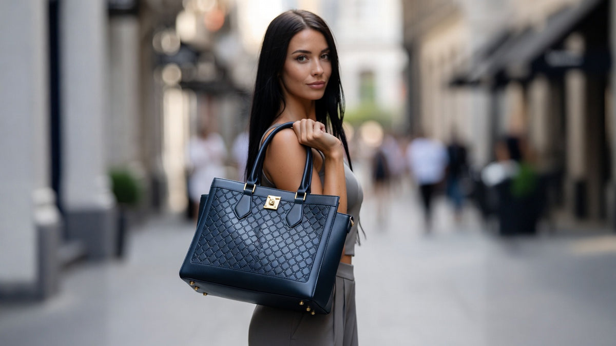 Woman holding a blue handbag on a city street