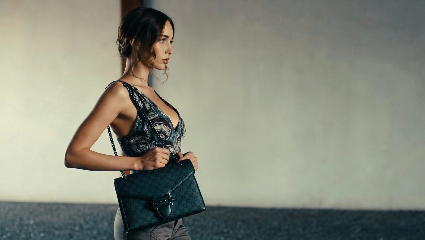 Woman holding a green handbag against a neutral background