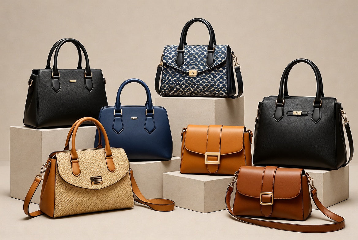 Collection of various handbags on a neutral background